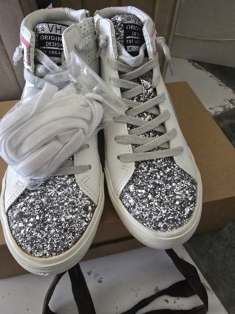 Vintage Havana White High-Top Sneakers with Silver Glitter